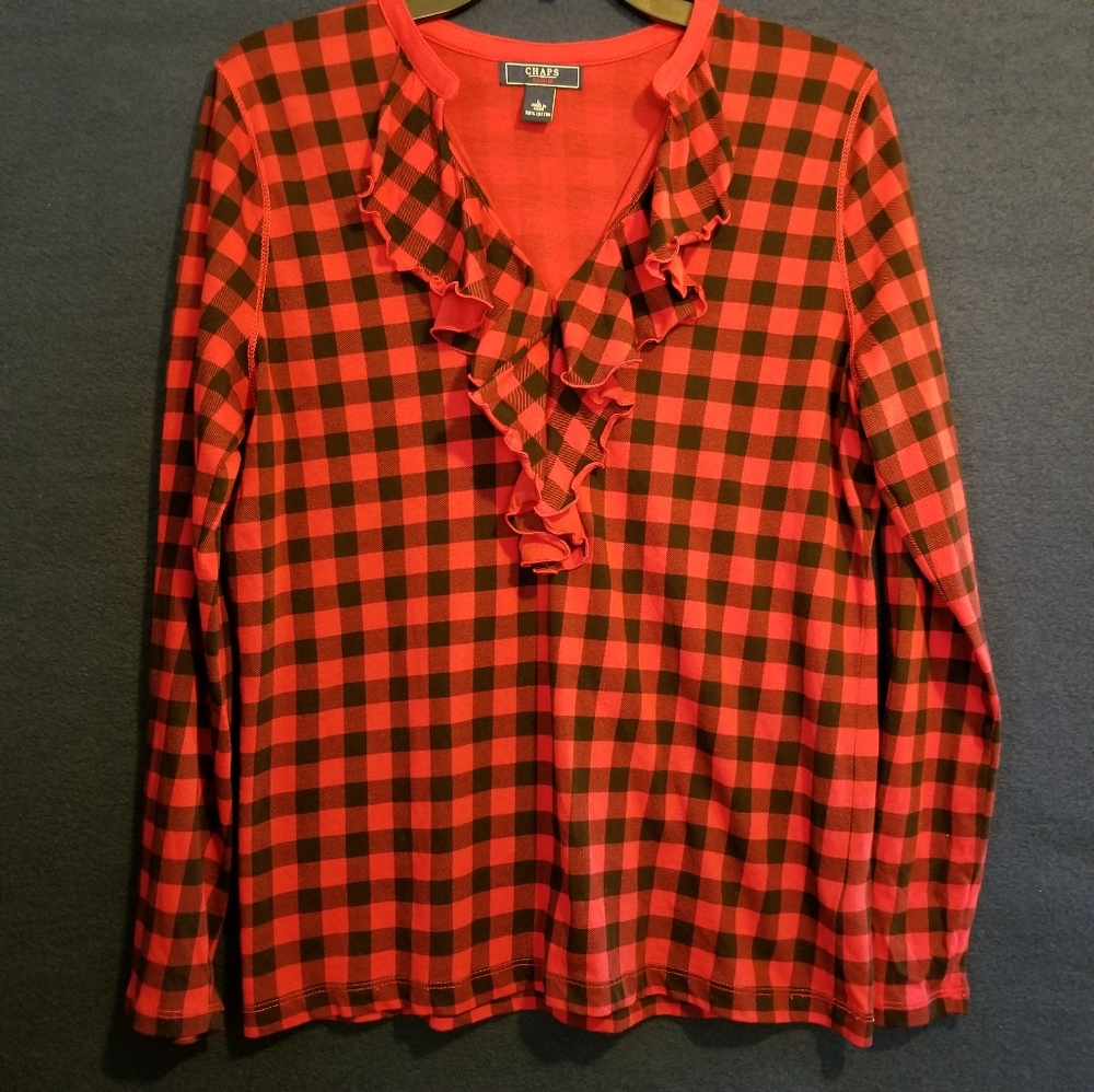 Chaps Denim Red & Black Plaid Ruffle Shirt